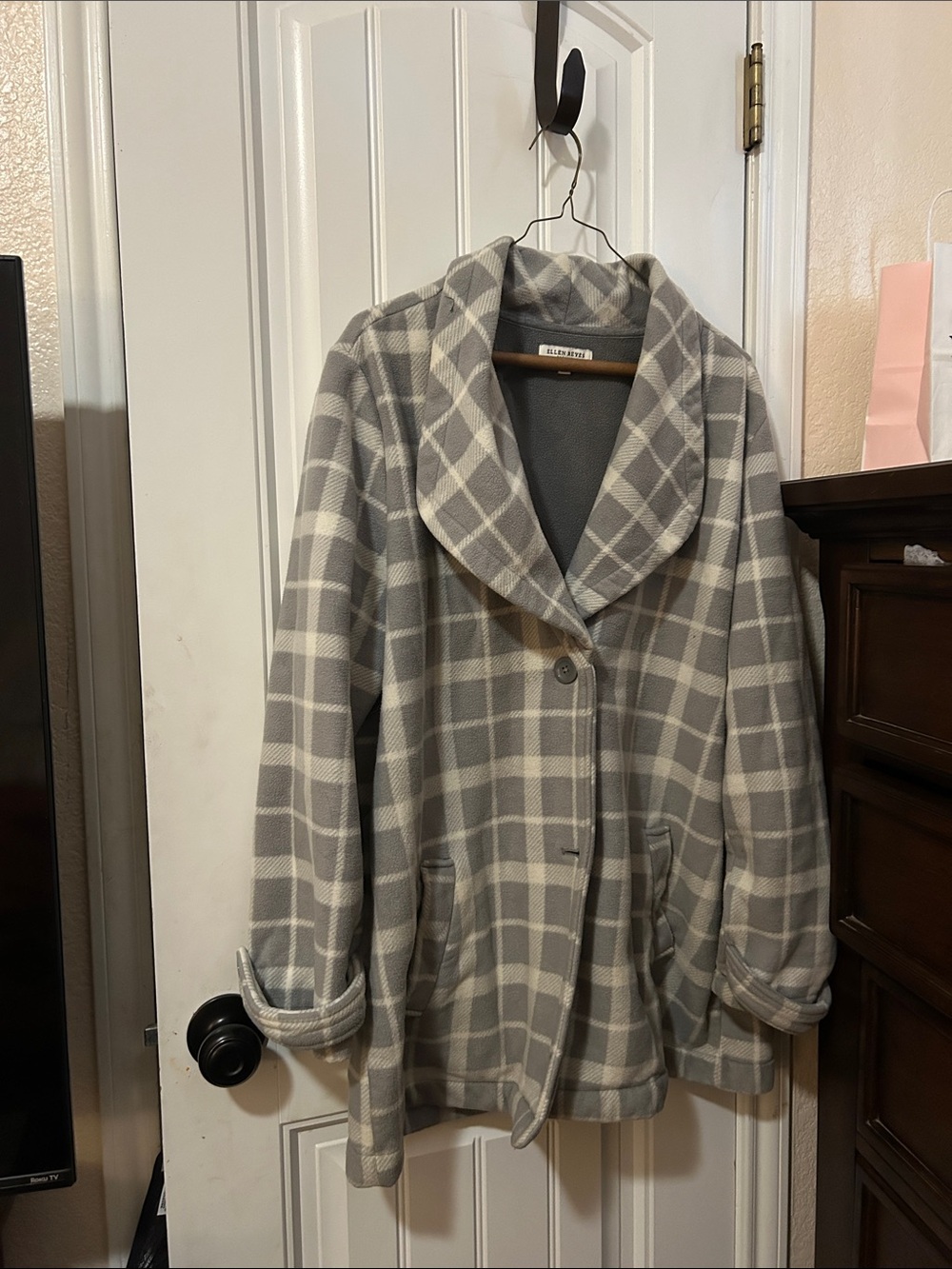 Gray and Cream Plaid Shawl Collar Pea Coat - Women's